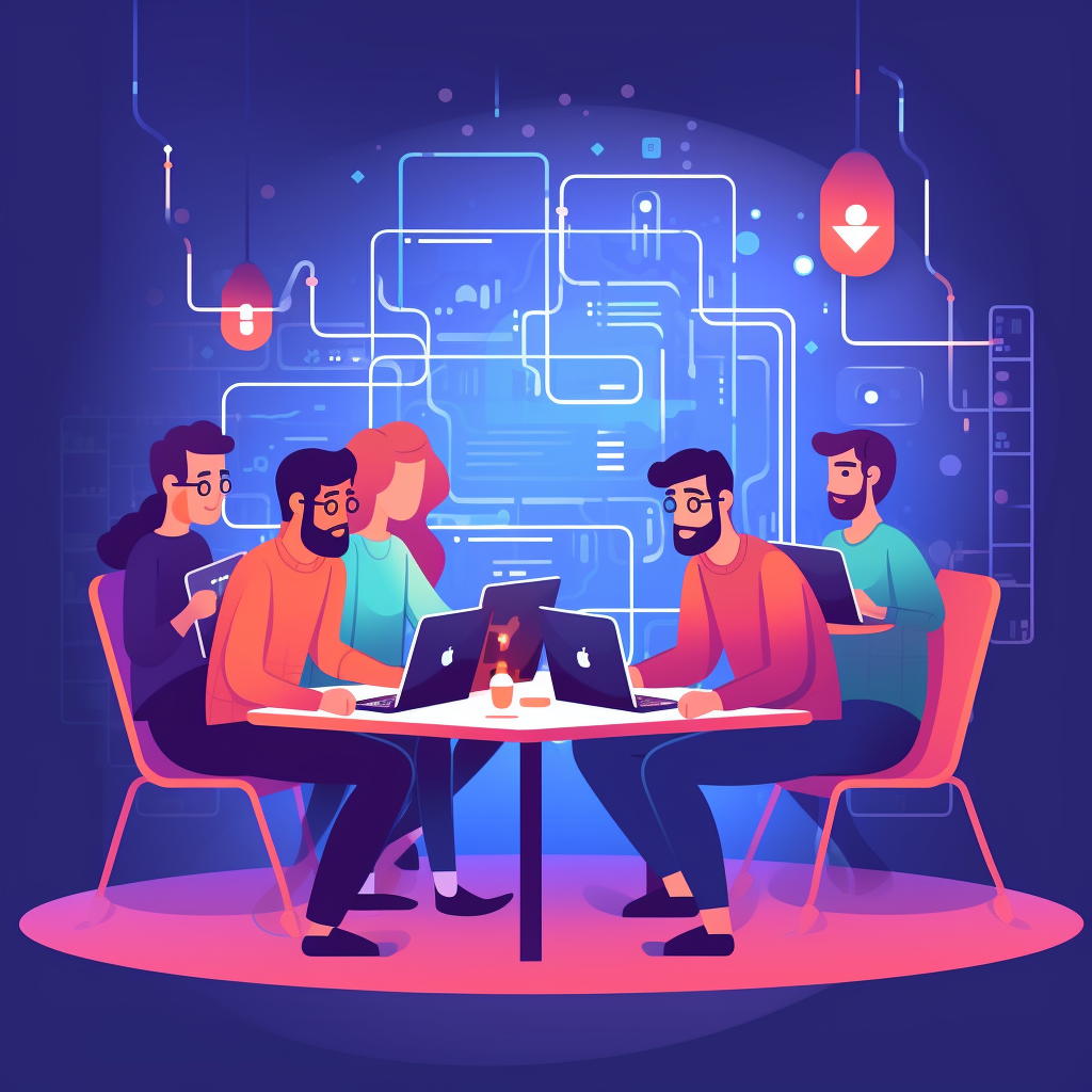 Image of a team of web developers working together at a table and delighting in the project they have in front of them